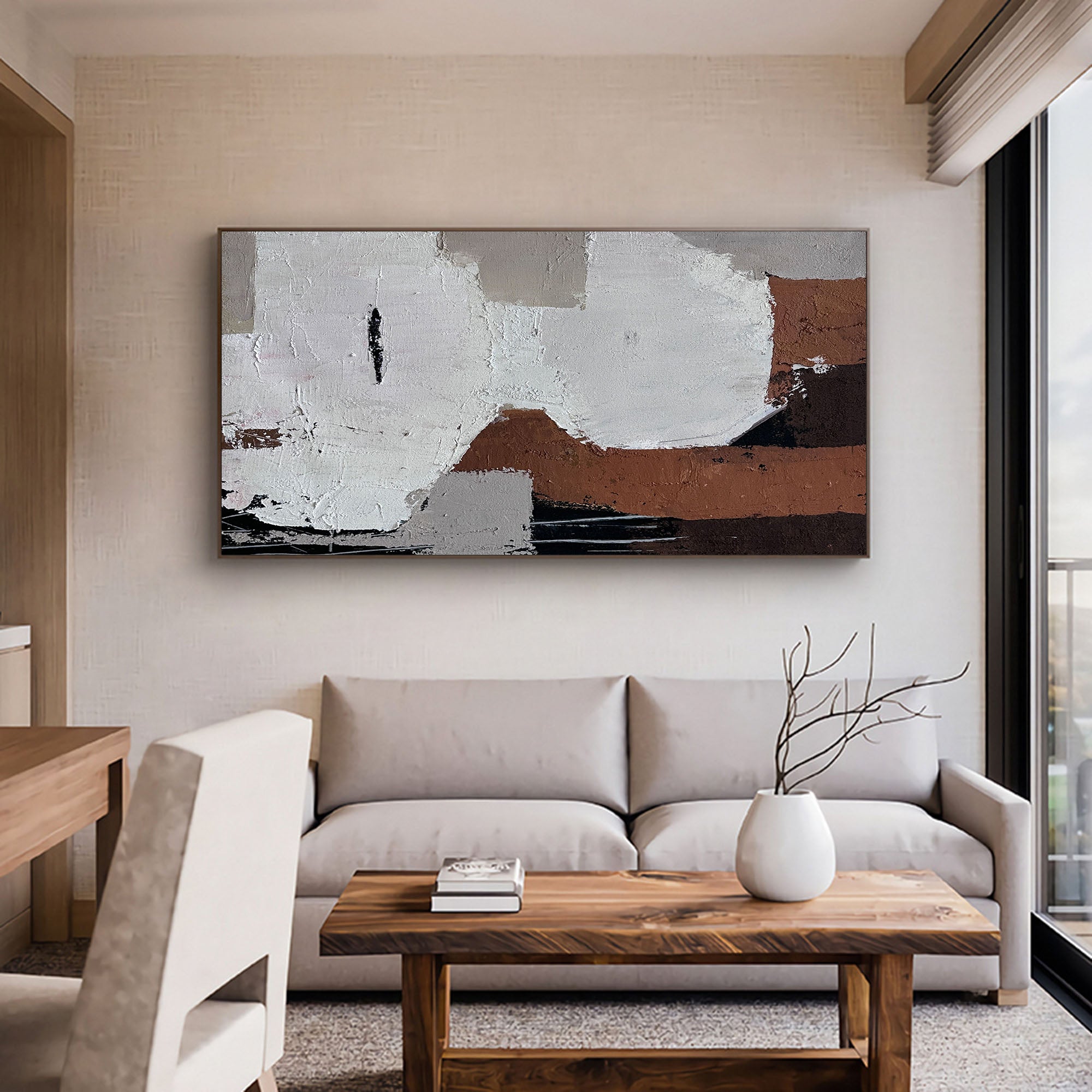 Brown Grey Abstract Art, Japandi Canvas Wall Art Large Abstract Acrylic 