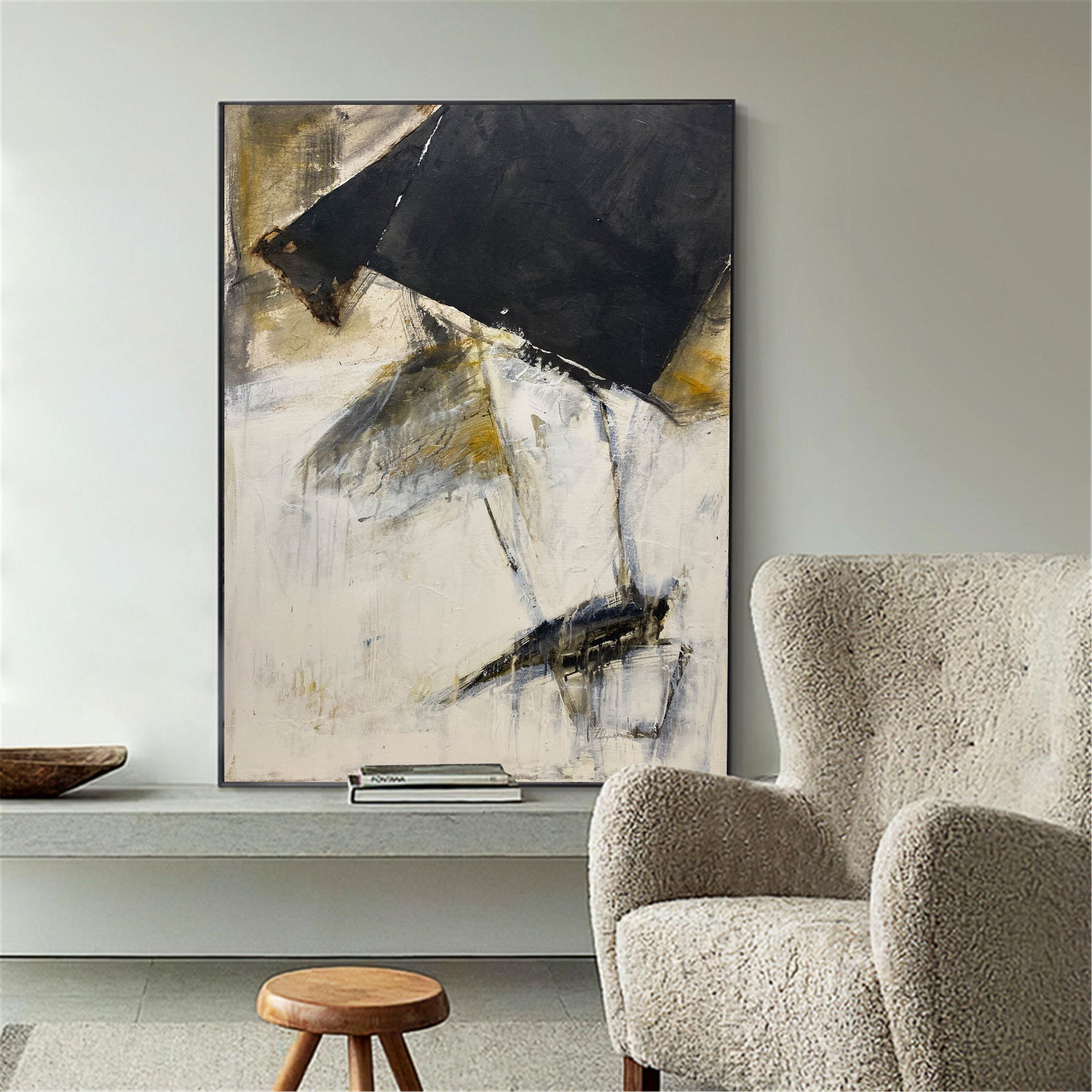 Contemporary art,black and popular white painting,Living room wall art,minimalist art,black and yellow canvas art,extra large canvas, BW032