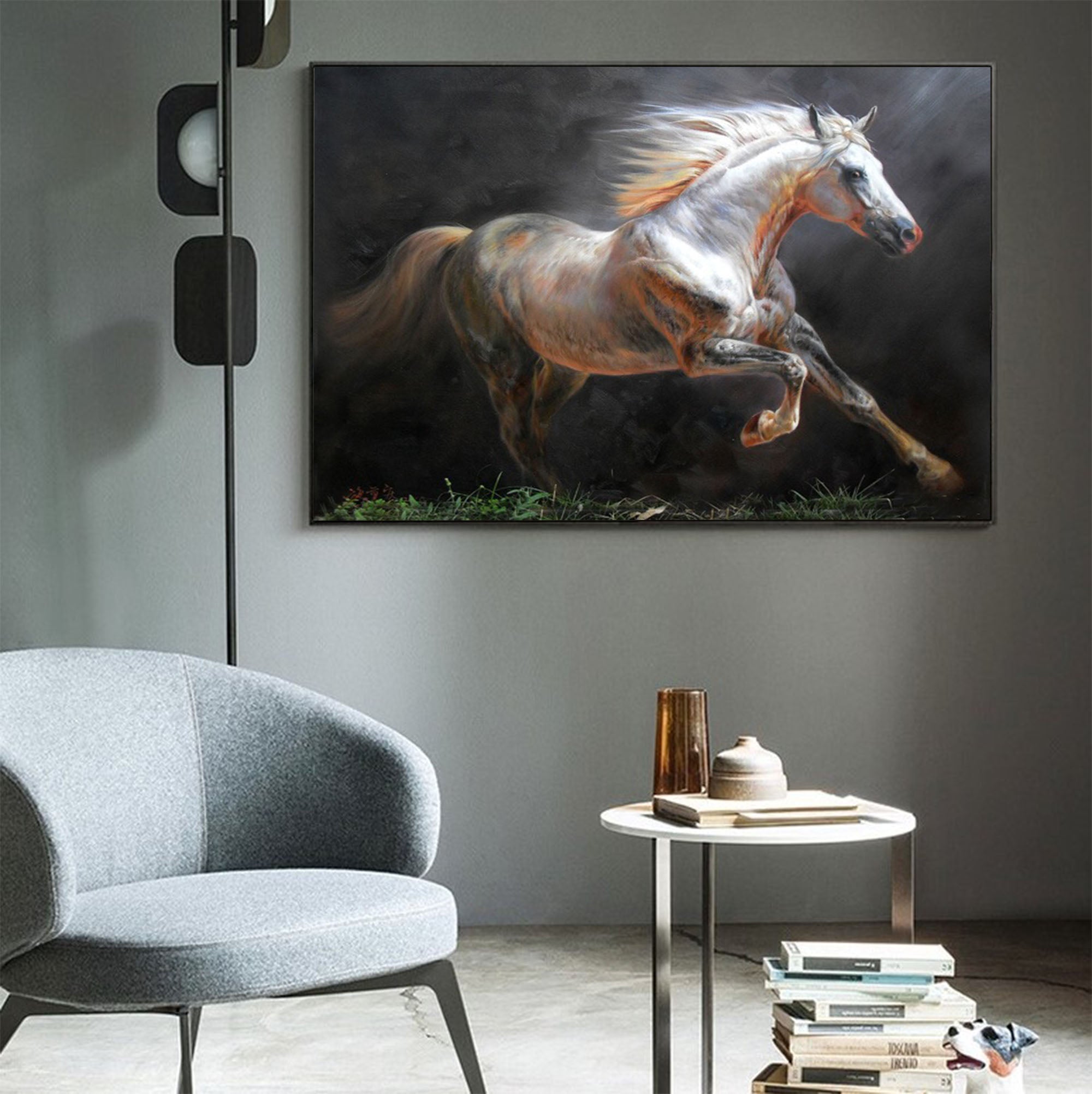 Modern Oil White Horse Painting Wild Horse Canvas Wall Art Running ...