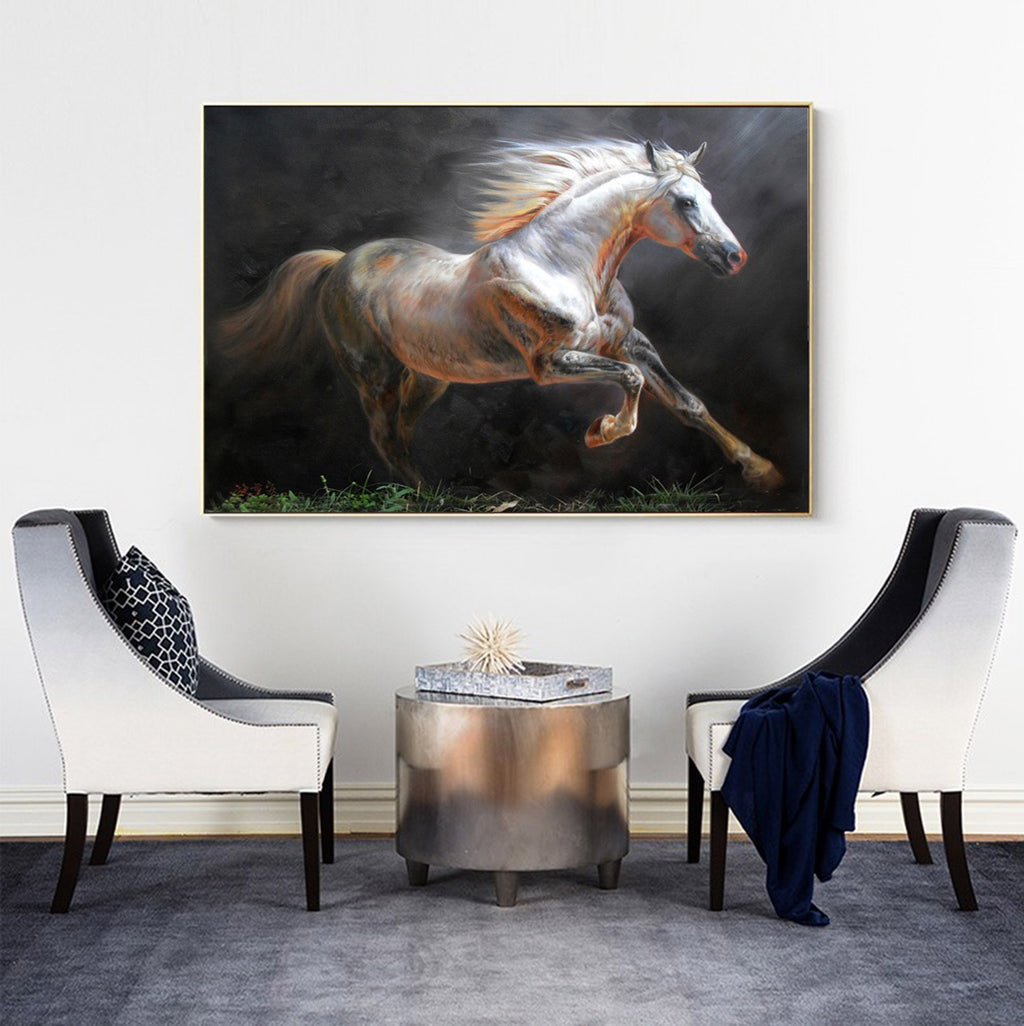 Modern Oil White Horse Painting Wild Horse Canvas Wall Art Running ...