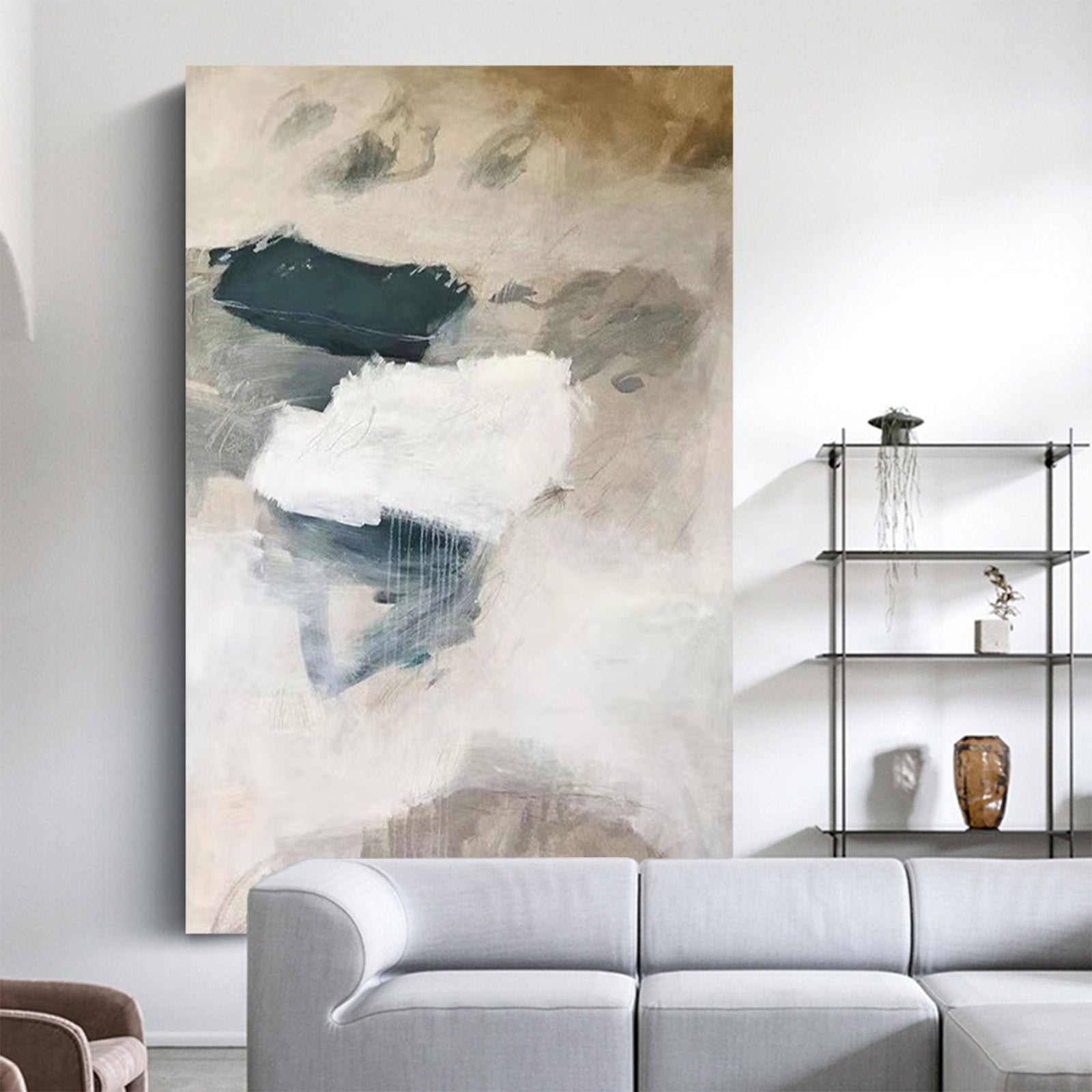 Abstract acrylic painting on sale brightness wall art pink peach painting green mountain grey scenery canvas painting oversize living room wall art