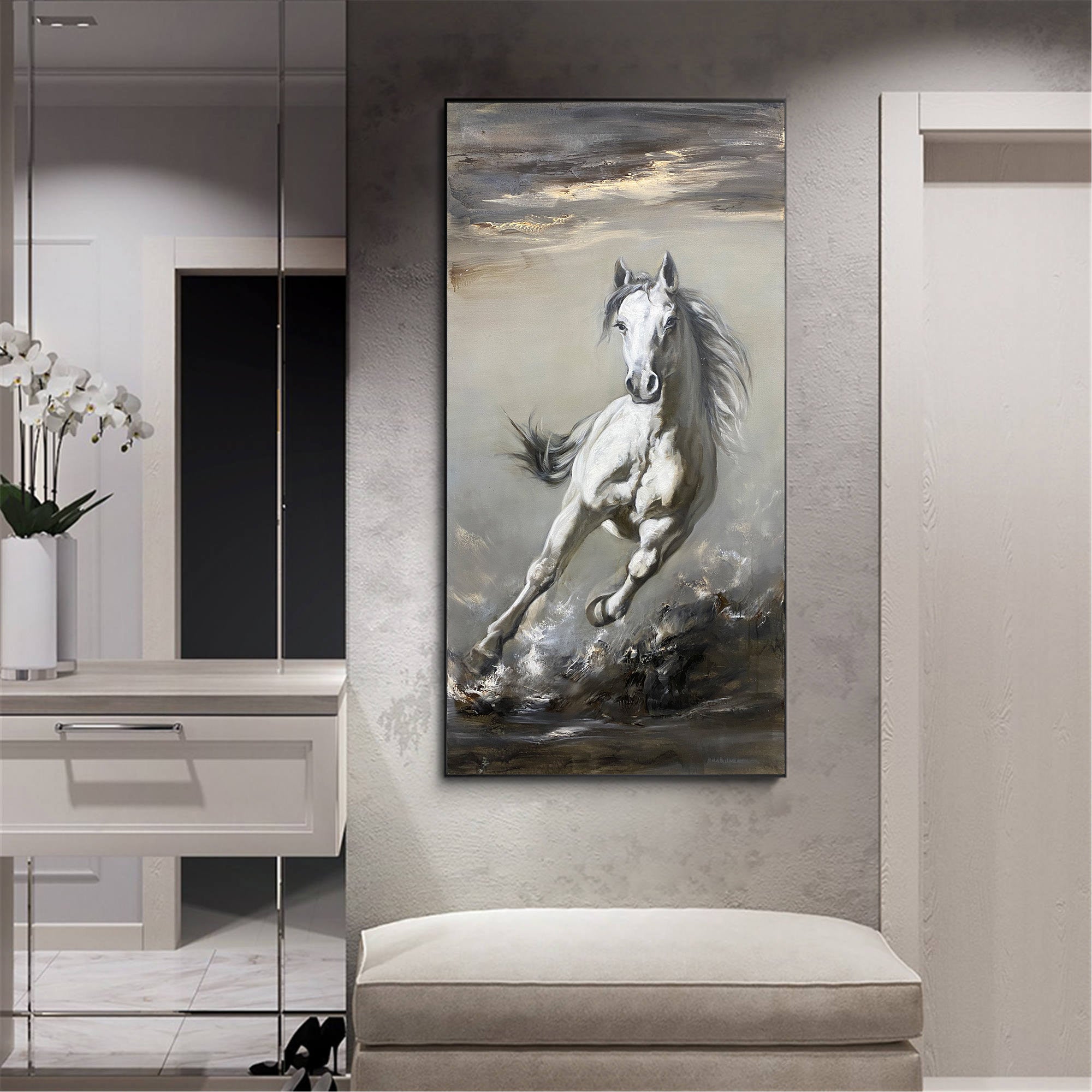 Grey Running Horse Painting On Canvas Large Arabian Horse Wall Art Huge ...