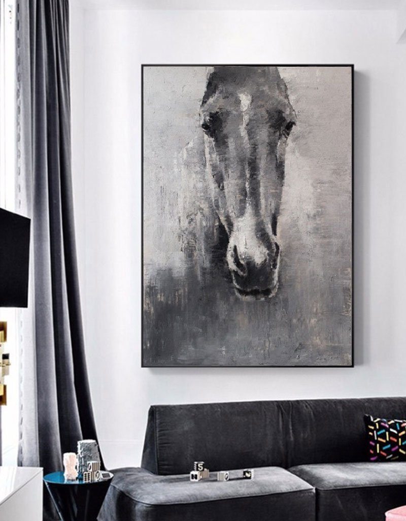 Grey White Abstract Horse Painting Acrylic Horse Wall Art Horse Artwork